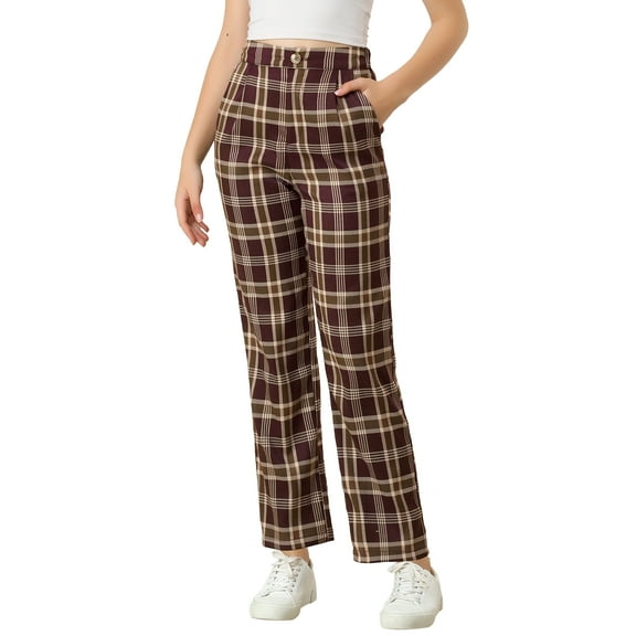 INSPIRE CHIC Women's Plaid Elastic Waist Button Zipper Straight Leg Long Pants M Red Brown