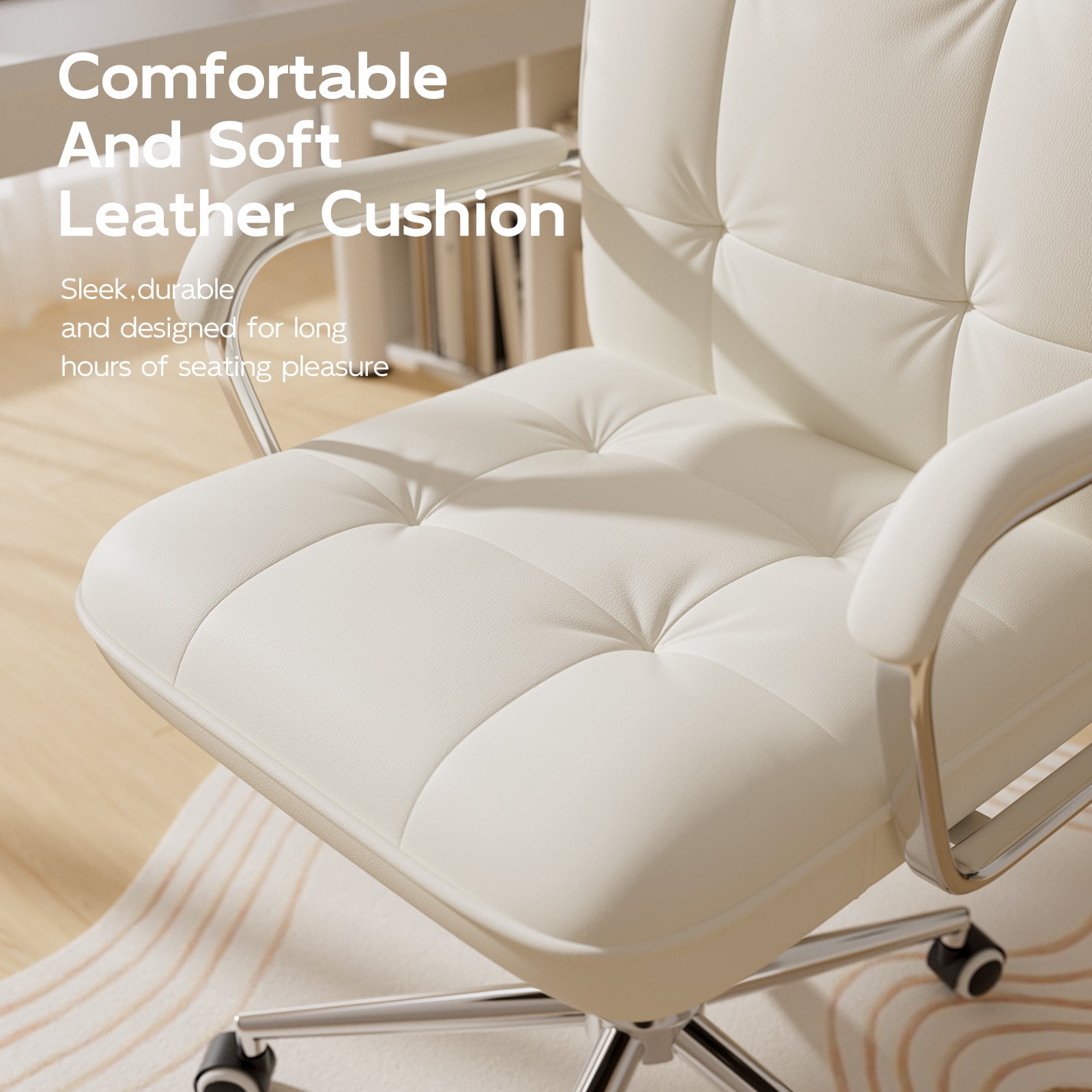 Ninecer Ergonomic Office Chair with Wheels, 360° Swivel Desk Chair with Rocking Function, PU Leather Computer Chair for Home Office, Study,, Beige