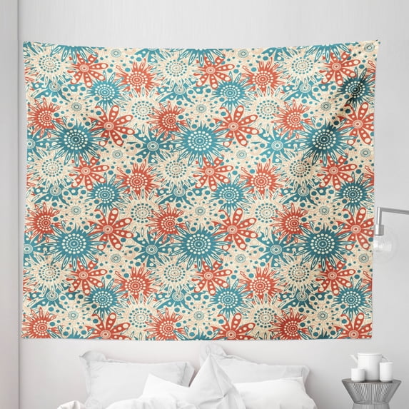 Botanic Tapestry, Hippie Summer Theme with Youthful Field in Prehistoric Art Design, Fabric Wall Hanging Decor for Bedroom Living Room Dorm, 5 Sizes, Vermilion Beige Teal, by Ambesonne