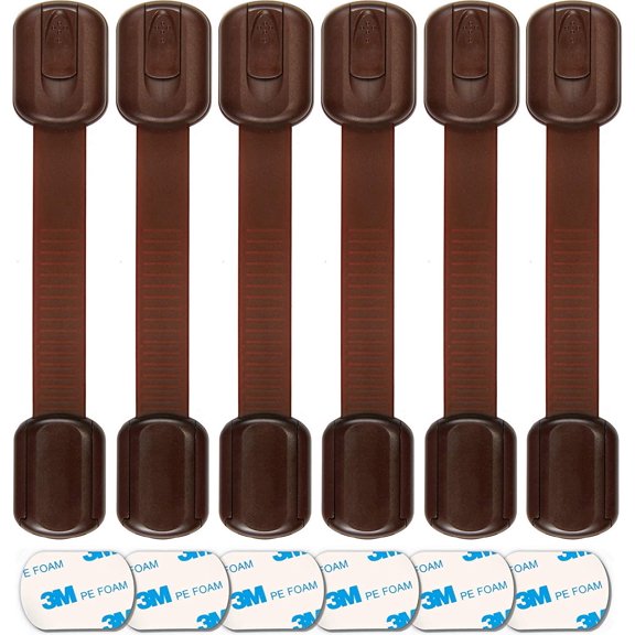 Baby Proofing Safety Cabinet Locks - Child Proof Latches for Drawer Cupboard Dresser Doors Closet Oven Refrigerator - Adjustable Childproof Straps by - Brown - 6 Pack