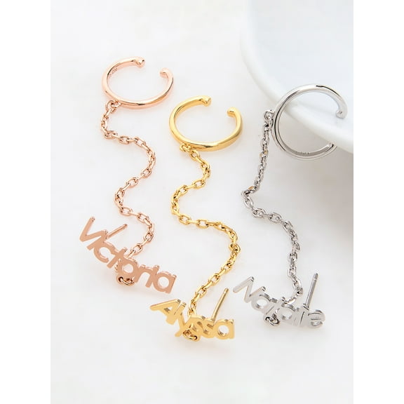 Personalized Planet Sterling Silver Personalized Planet Name Crawler Button with Ear Cuff and Chain Earring ,Women's