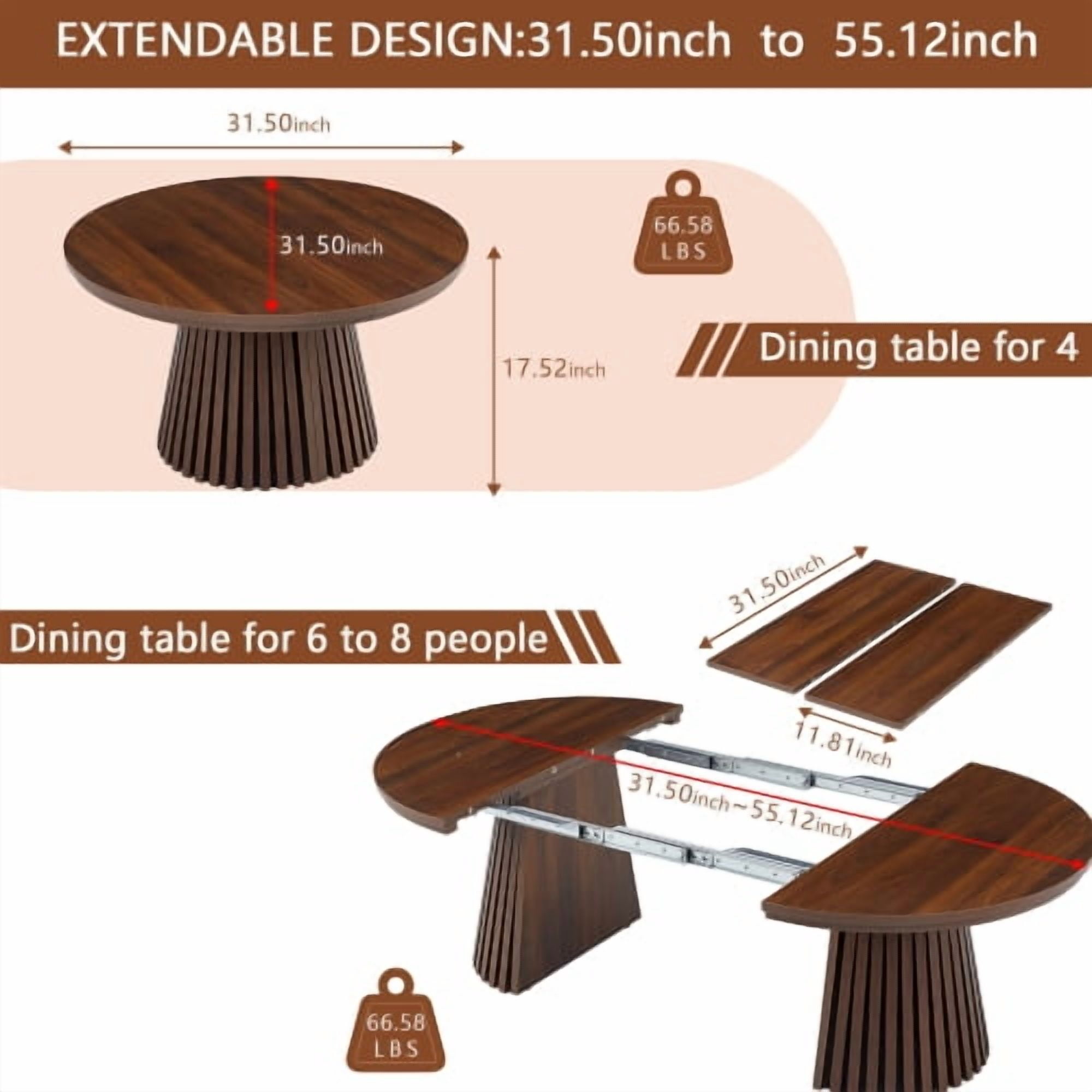 Modern Oval Extendable Wood Coffee Table, Slatted Legs, Multi-Functional Center Table for Living Room or Office, 31.5"–55.12" L, Walnut