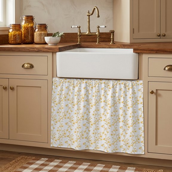 Yellow Spring Floral Cabinet Curtains 28"W x 35"L, Elegant Watercolor Summer Botanical Under Sink Skirt for Bathroom Vanity Kitchen Self Adhesive, Dust-Proof Privacy Curtain for Closet Shelves