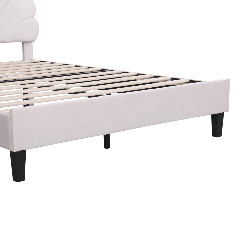 Queen Size Upholstered Platform Bed with Flower Headboard,Velvet Bed Frame for Kids Boys Girls,Beige