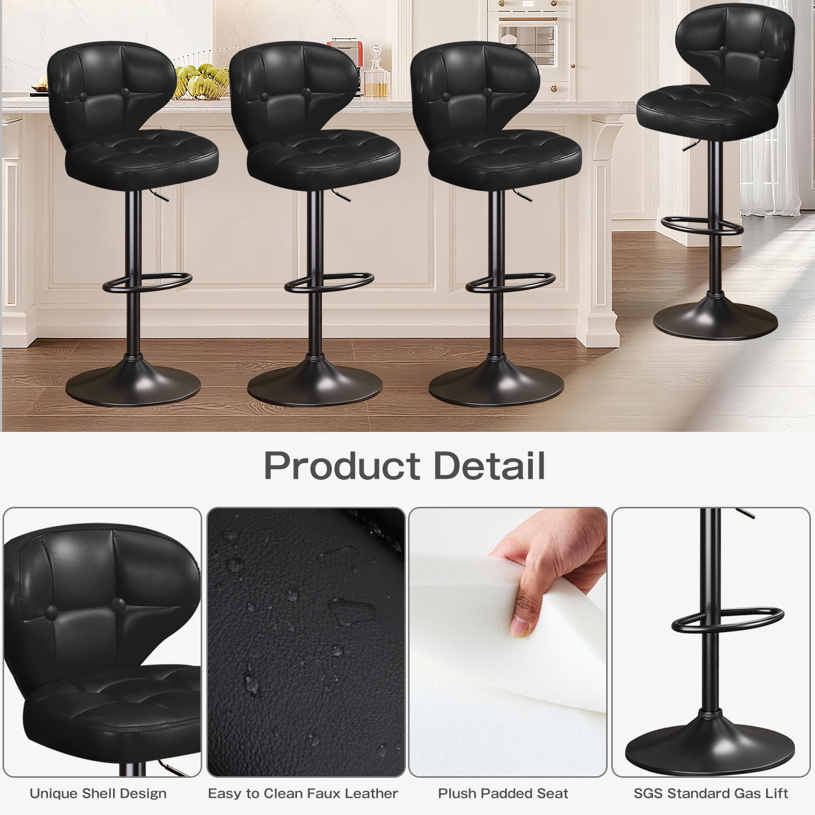 Bar Stools Set of 2, Adjustable Swivel Bar Chairs with 360° Rotation, Padded Counter Stools with Back and Footrest for Kitchen Island, Bistro, Cafe, and Home Use