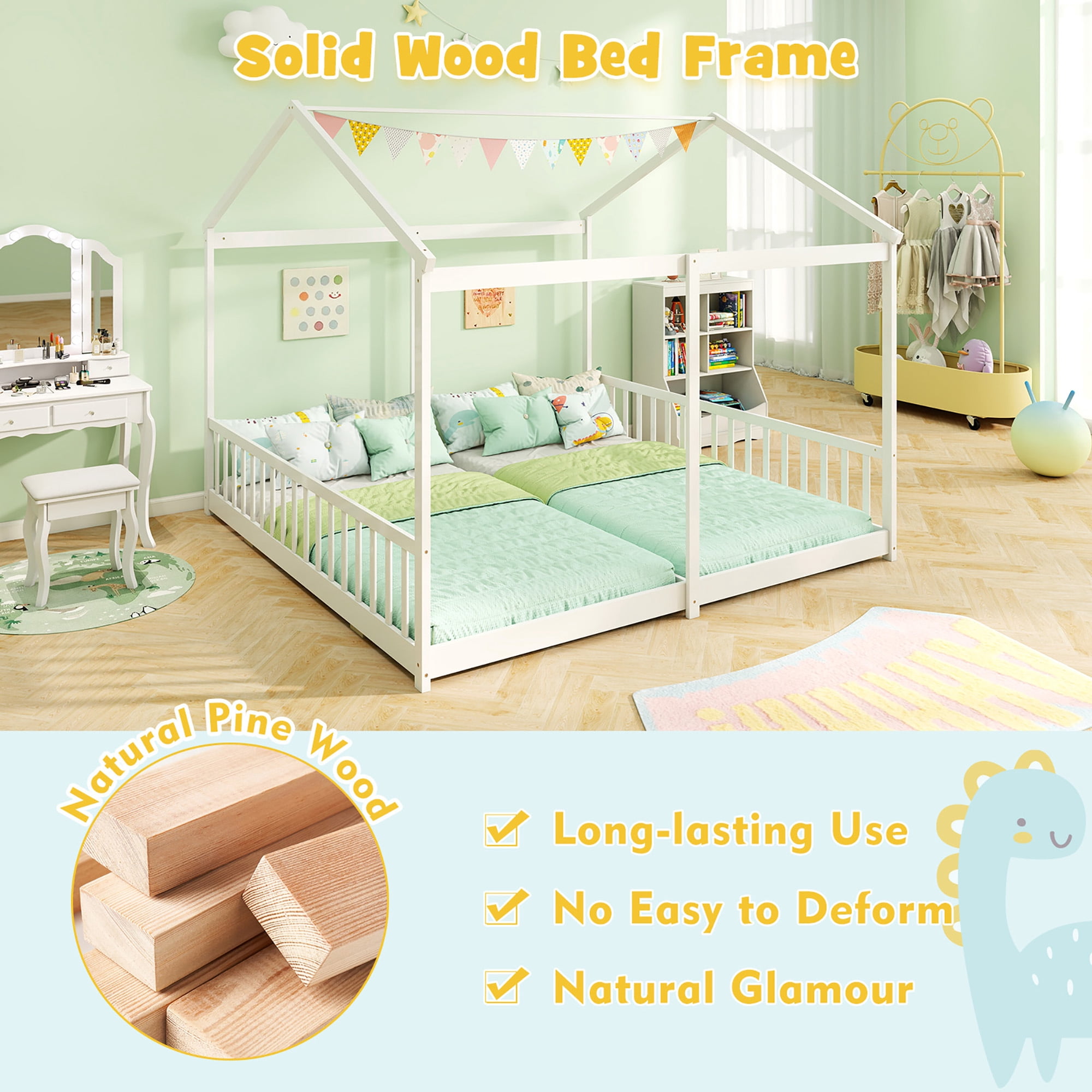 Gymax Double Floor Bed w/ Safety Guardrails No Box Spring Needed for Teens Boys Girls White