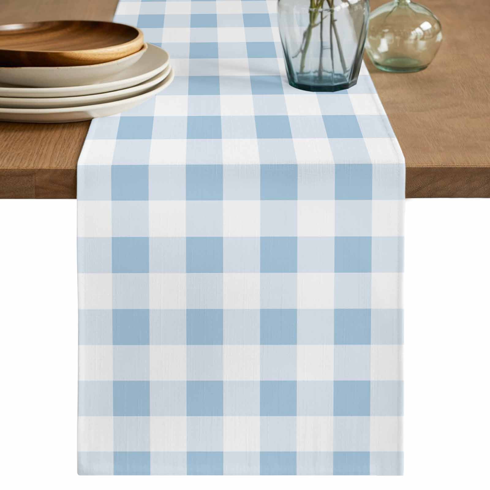 Simple Spring Blue White Lattice Table Runner 90 Inches Long,Kitchen Dining Tablerunners Farmhouse Simplistic Gingham Linen Table Runners Dresser Scarves for Home Dinner Wedding Holiday Party Decor