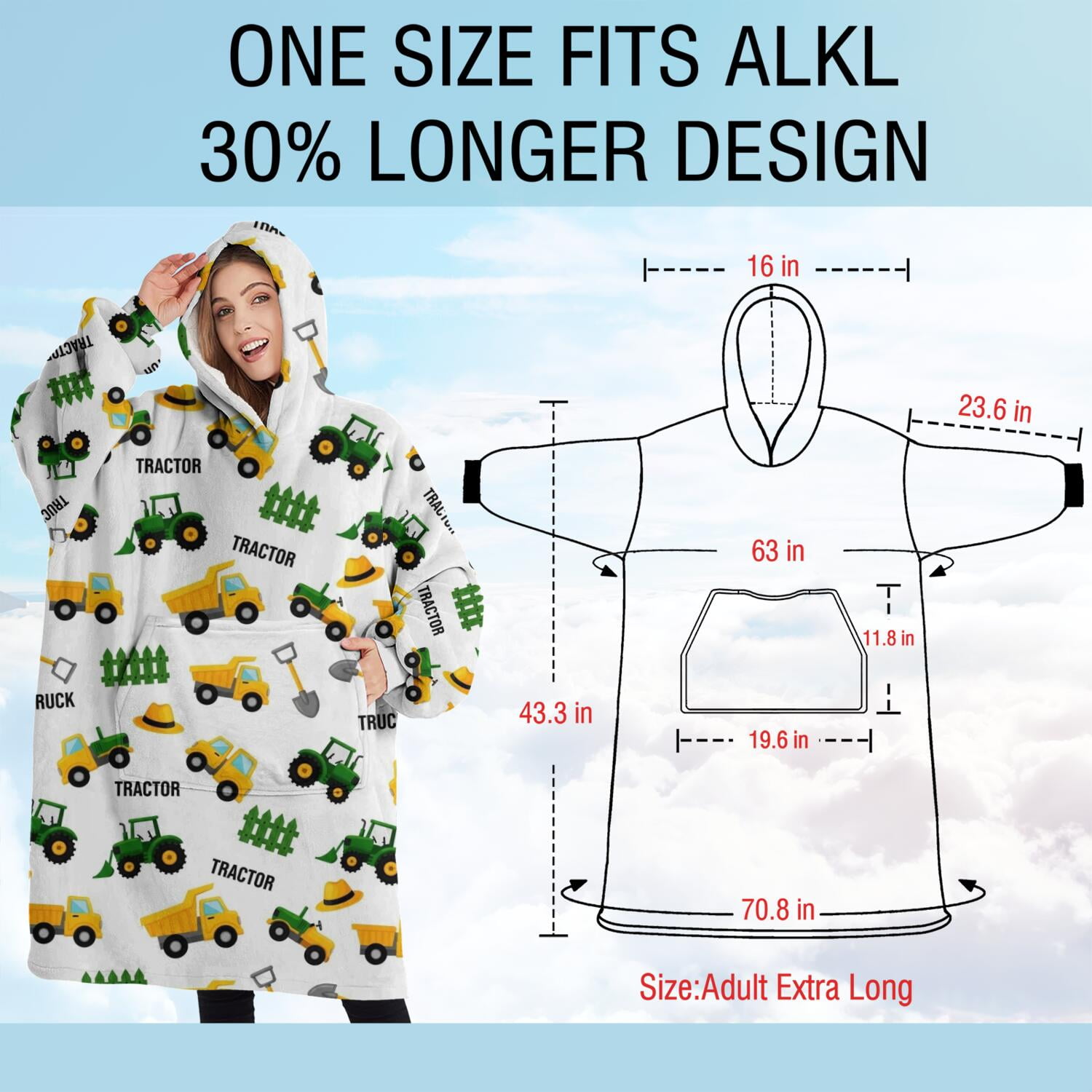 Oversized Wearable Blanket Hoodie,Cartoon Tractors Fences White Pattern Sherpa Blanket Hoodie with Super Pockets,Super Warm Fuzzy Pullover for Women & Men