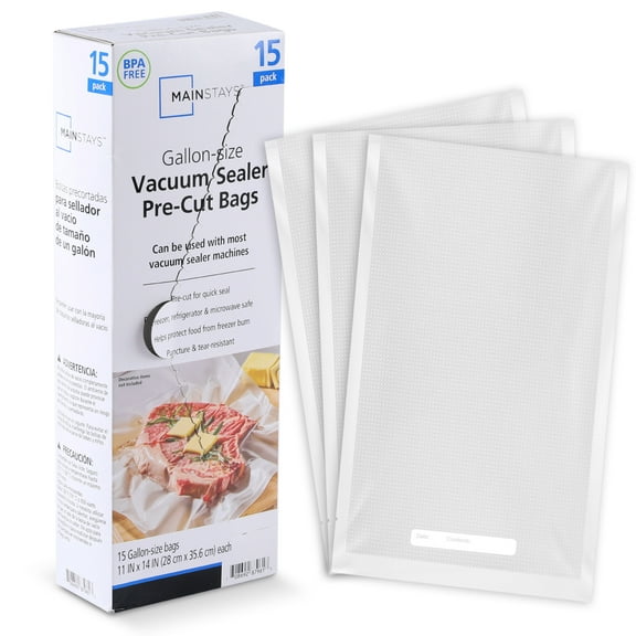 Mainstays Gallon Vacuum Sealer Bags (11" x 14"), 15-Count BPA-Free Vacuum Seal Bags for Food Storage and Sous Vide, Works With All Brands Food Vacuum Sealer Machines