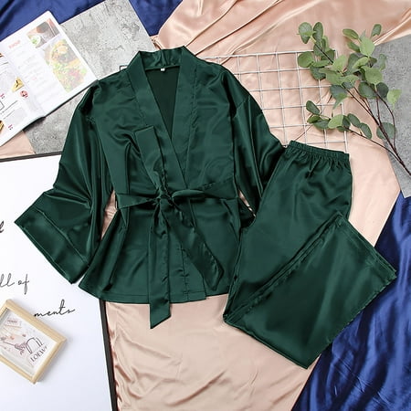 

Vivianyo HD Sleepwear for Women Clearance Women s Occidental Color Cardigan Tie Up Pajamas Pajamas Solid Color Home Suit Loose Pajamas Set Flash Picks Green