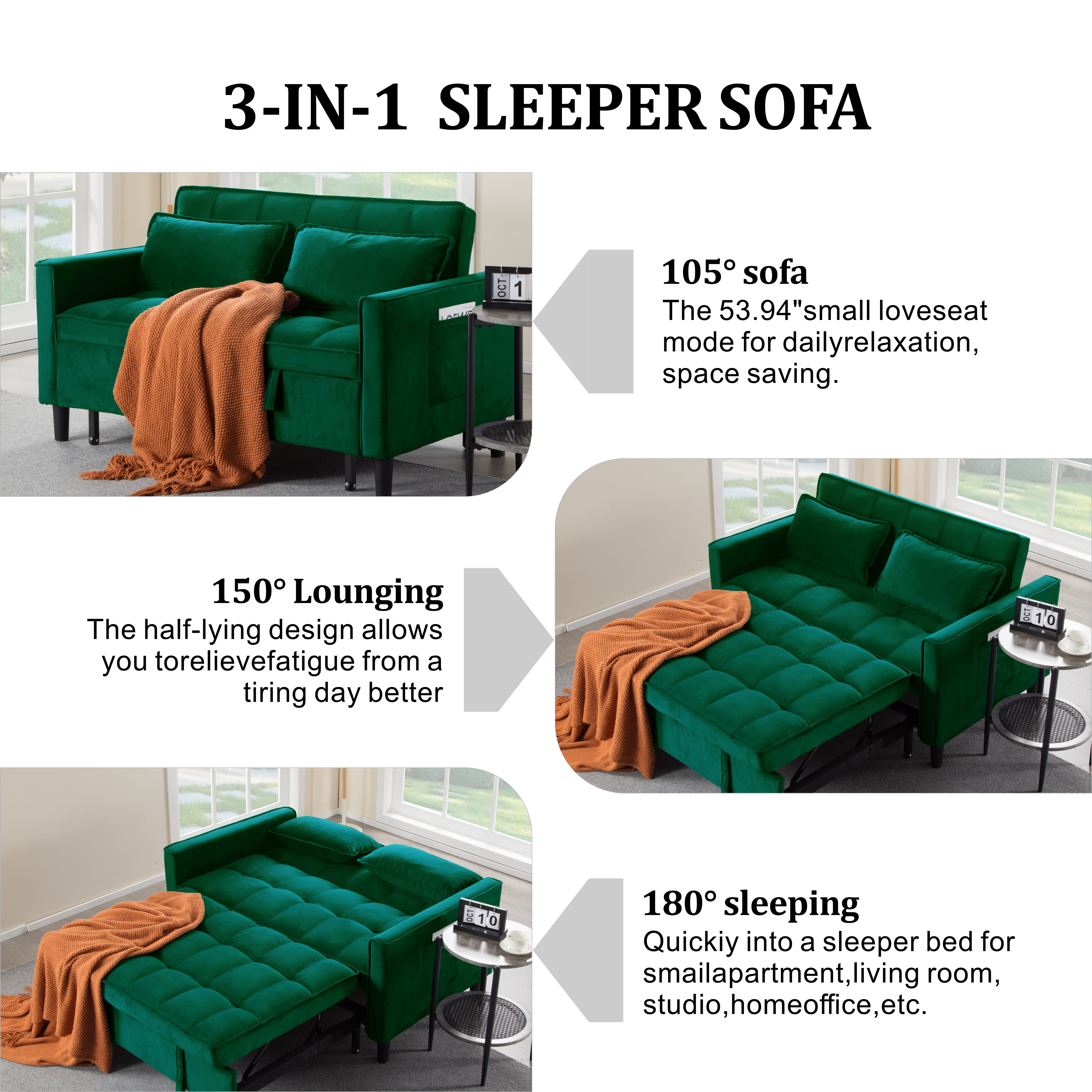 Gewnee 53.94" Pull-Out Sofa Bed – Convertible Twin Size Sleeper Bed,3 Adjustable Backrest Angles & Storage Side Pocket for Living Room,Office,Guest Room.Green