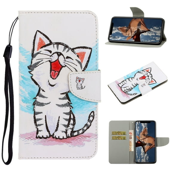 Allytech Wallet Case for iPhone 13 2021 Cover with Card Holder, Colorful PU Leather Flip Folio Kickstand Feature Protective Magnetic Snap Case with Wrist Strap for iPhone 13 6.1", Smile Cat
