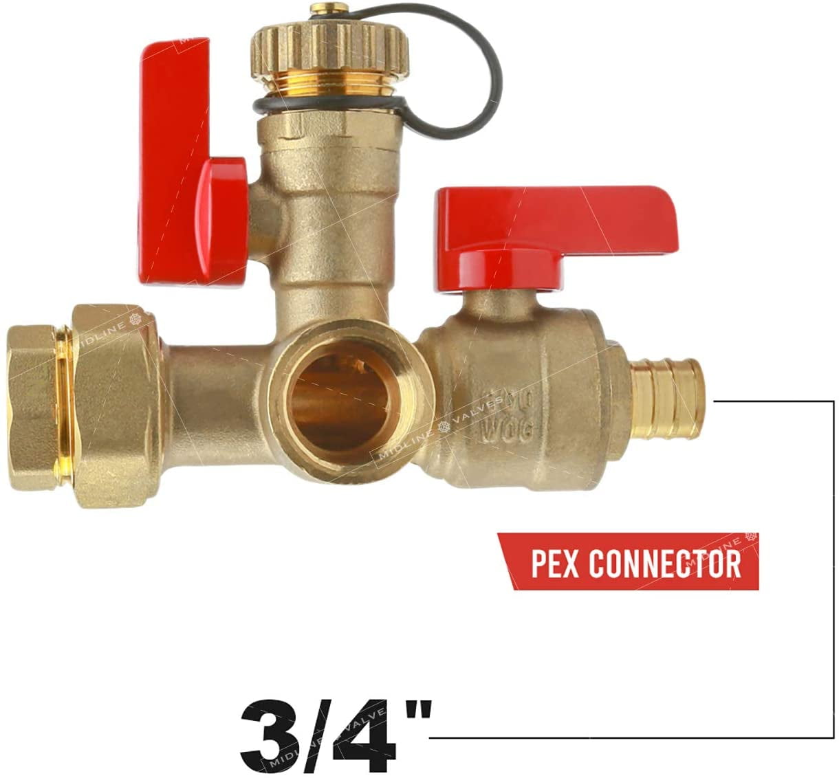 Midline Valve Tankless Water Heater Kit- Set of 2 Heavy Duty Hot and Cold Isolation Valves with Cleanouts, Lead-Free, Full Port, Water Shut-off, Forged Brass, 3/4 in. Pex Connections