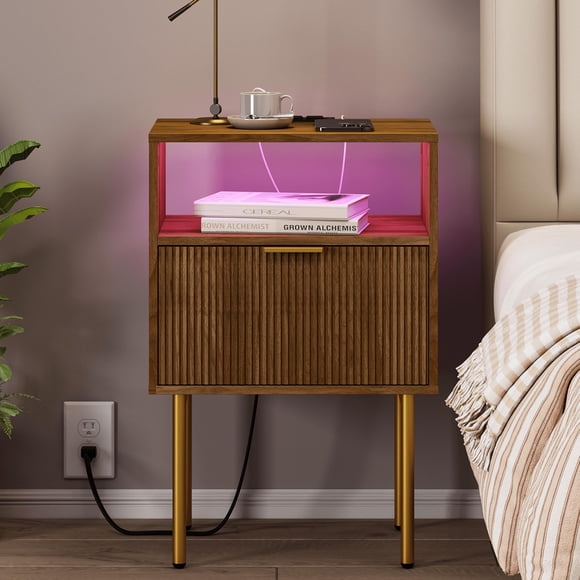 Mesa de noche JOONEE con enchufe y luz LED, mesa auxiliar con cajón de almacenamiento, mesa con estrías para sala y dormitorio