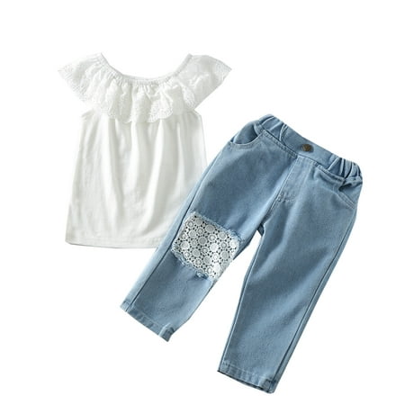 

EHTMSAK Toddler Baby Children Girl Summer Lace T Shirts and Jean Pants Set Clothing Set Short Sleeve Outfits Ruffle White 2Y-7Y 110