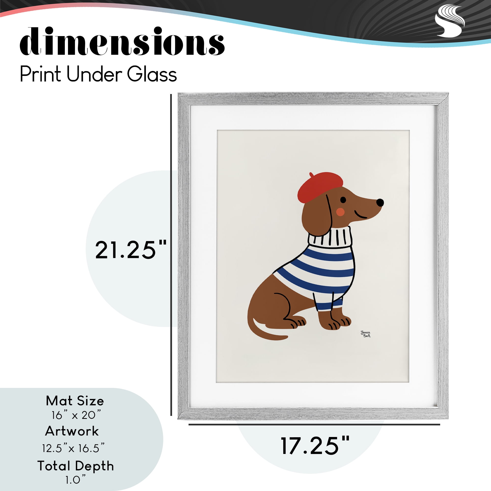 French Dachshund in Beret Gray Framed Print Under Glass, design by Jessica Beck