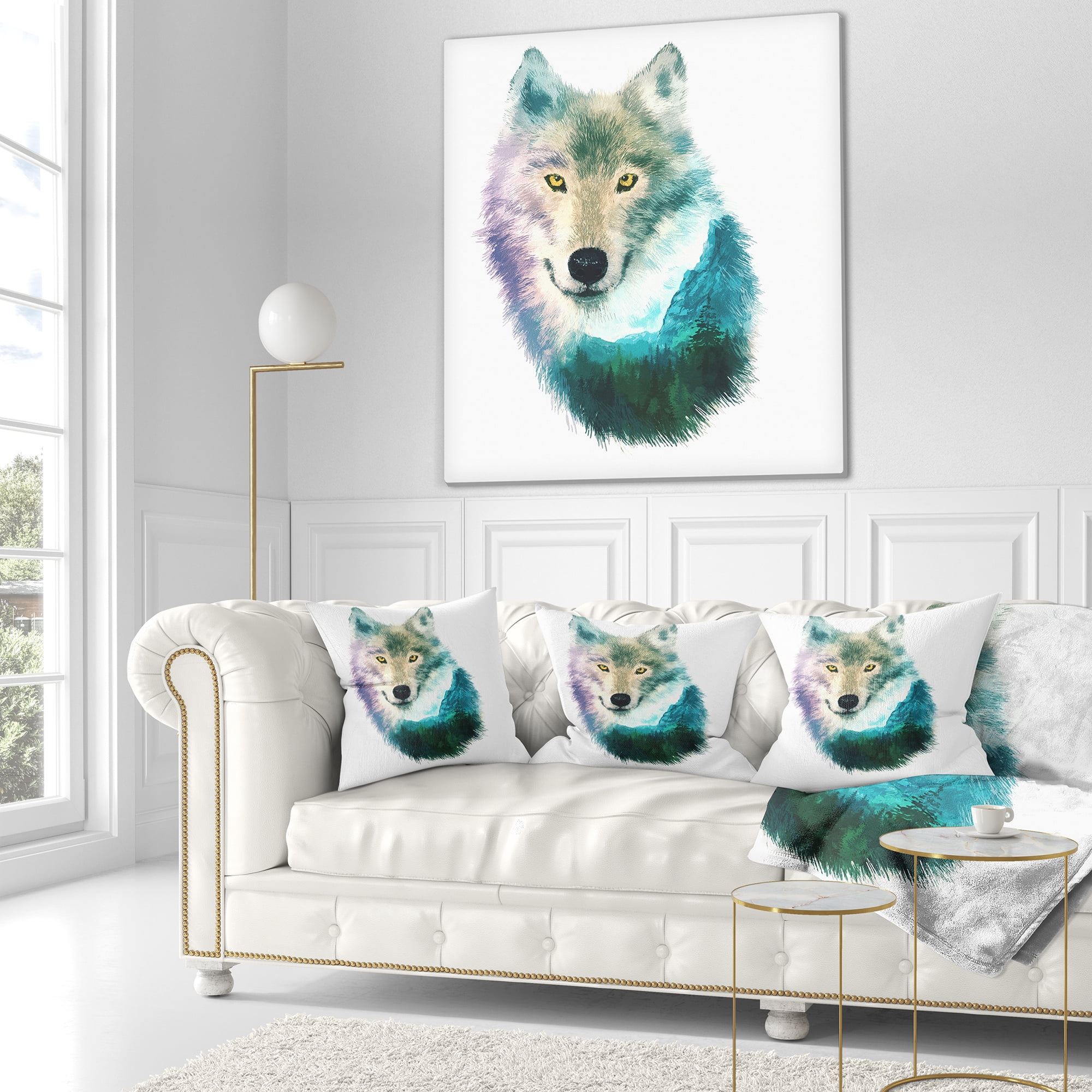 Designart Wolf Head Double Exposure Drawing - Animal Throw Pillow - 18x18