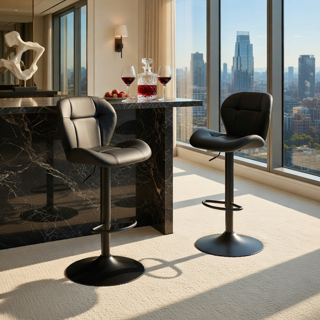 Hommoo 2-Pack Height-Adjustable Bar Stools with Tufted PU Upholstery, Metal Frame & Footrest, Ideal for Kitchen Islands, Home Bars & Pubs, Black