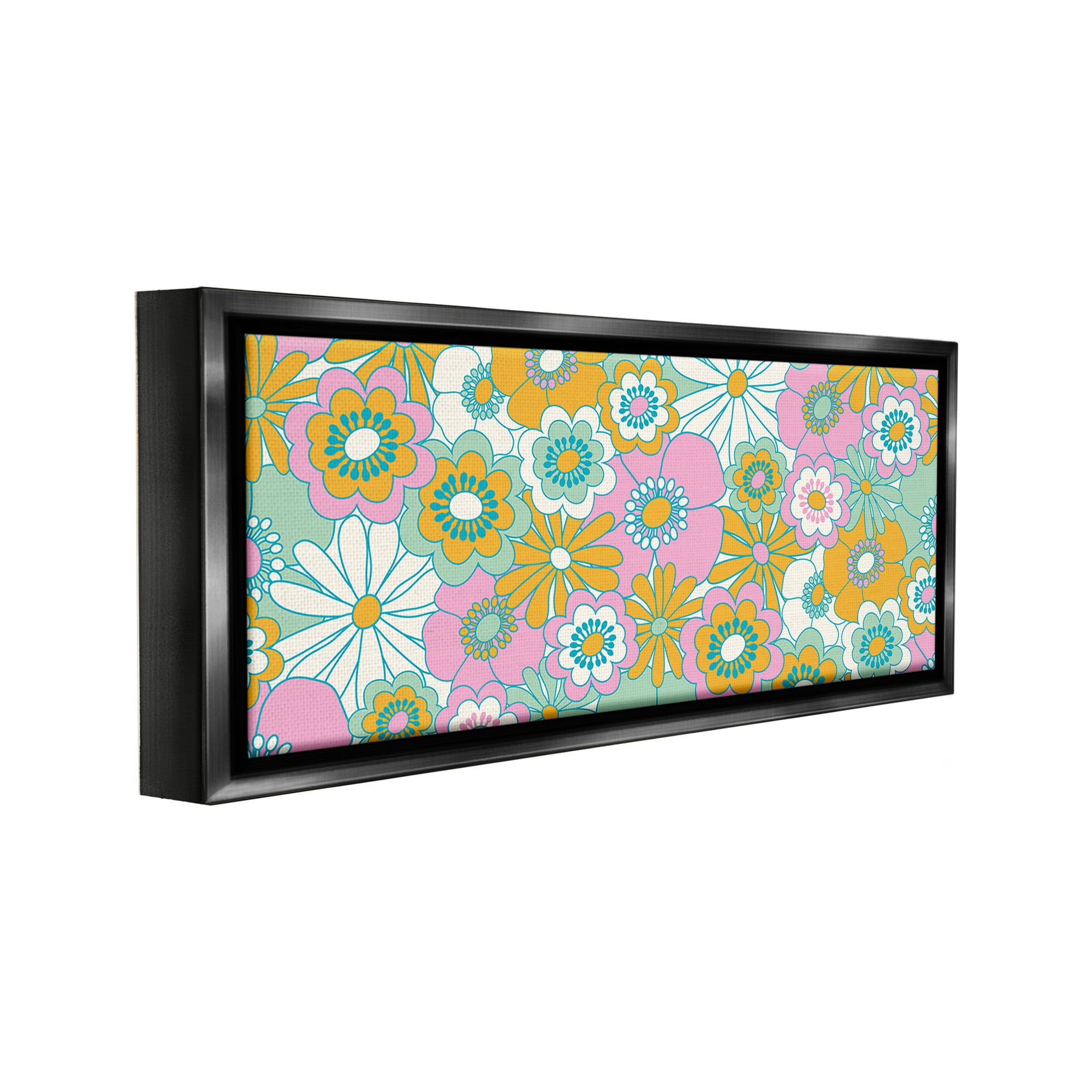 Stupell Industries Retro Flower Pattern Botanical & Floral Painting Black Floater Framed Canvas Art Print Wall Art, 25 x 11