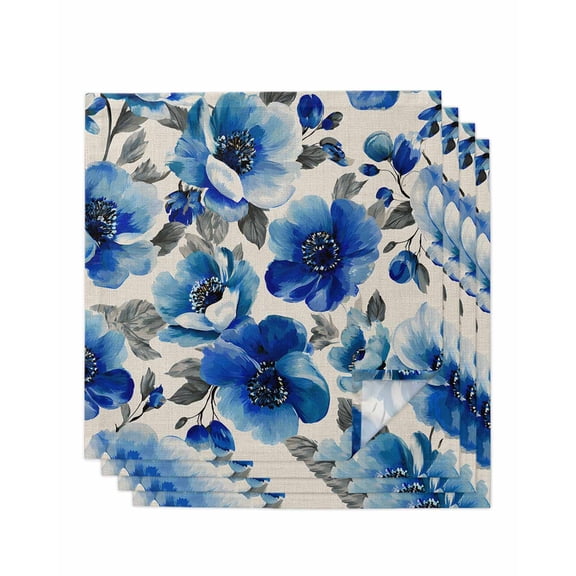 Blue Flowers Cloth Napkins Set of 4 Reusable Dinner Napkins, Spring Watercolor Floral Leaves Plants Beige Cocktail Napkin Washable Table Napkins for Wedding/Holiday Party/Baby Shower 20"x20"