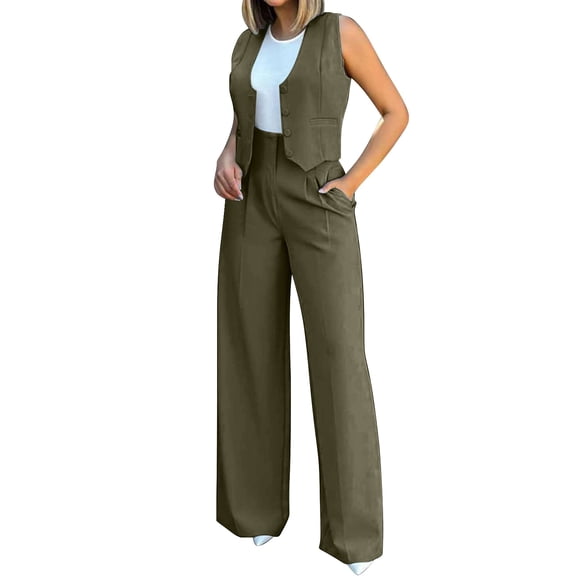 BLOCLOALO 2 Piece Lounge Set Sleeveless Tops Women's Fashionable Vest Wide Leg Pants Set Comfortable for Daily Wear Cropped Tank Tops Trendy Business Sets Womens Lounge Outfit Army Green L