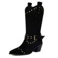 thumbnail image 6 of YLYL Women's Suede Studded Mid-Calf Boots Pointed Toe Pull-On Chunky Block Heel with Buckle Wide Calf Fashion Western Boots, 6 of 9