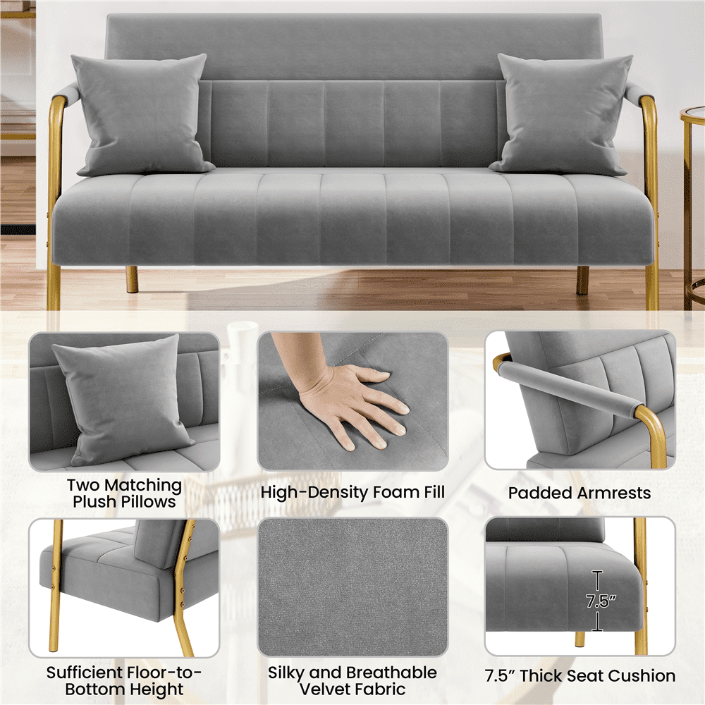Yaheetech 56.5'' W Modern Upholstered Sofa Couch with 2 Pillows Small Loveseat, Light Gray