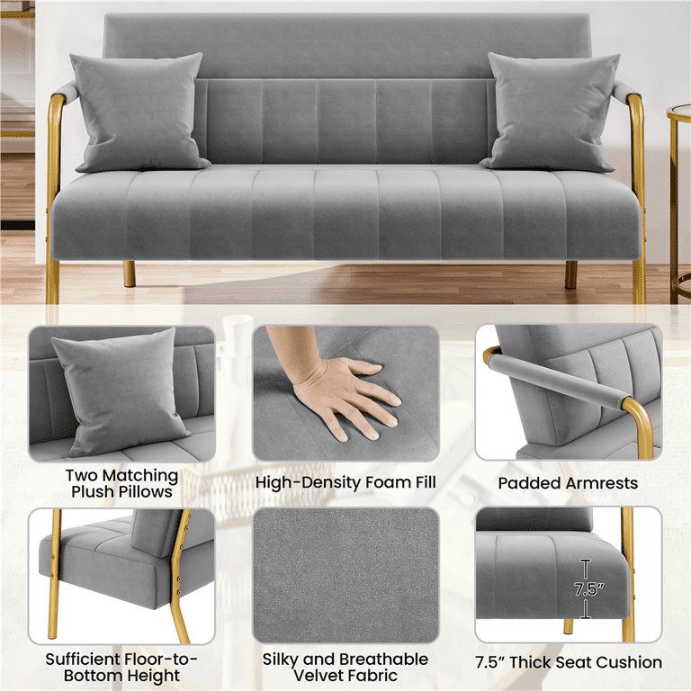 Yaheetech Modern Upholstered Loveseat, Light Gray with Gold Legs photo 4