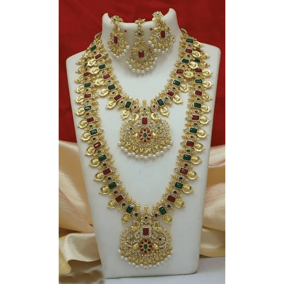 Traditional Bridal Temple Jewelry Set – Dual Layer Gold Plated Necklace with Earrings