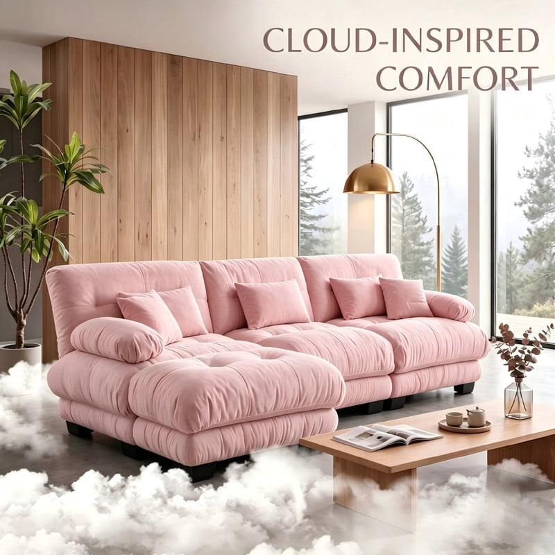 ANPPORT Cloud Couch Sleeper Sofa, Chenille Pink 3-Seater Modular Sofa with 1 Ottomans, 3 Lumbar pillows, 2 Pillows, Comfy Deep Seat Cloud Sofa, Convertible L-Shaped Floor Couch for Living Room