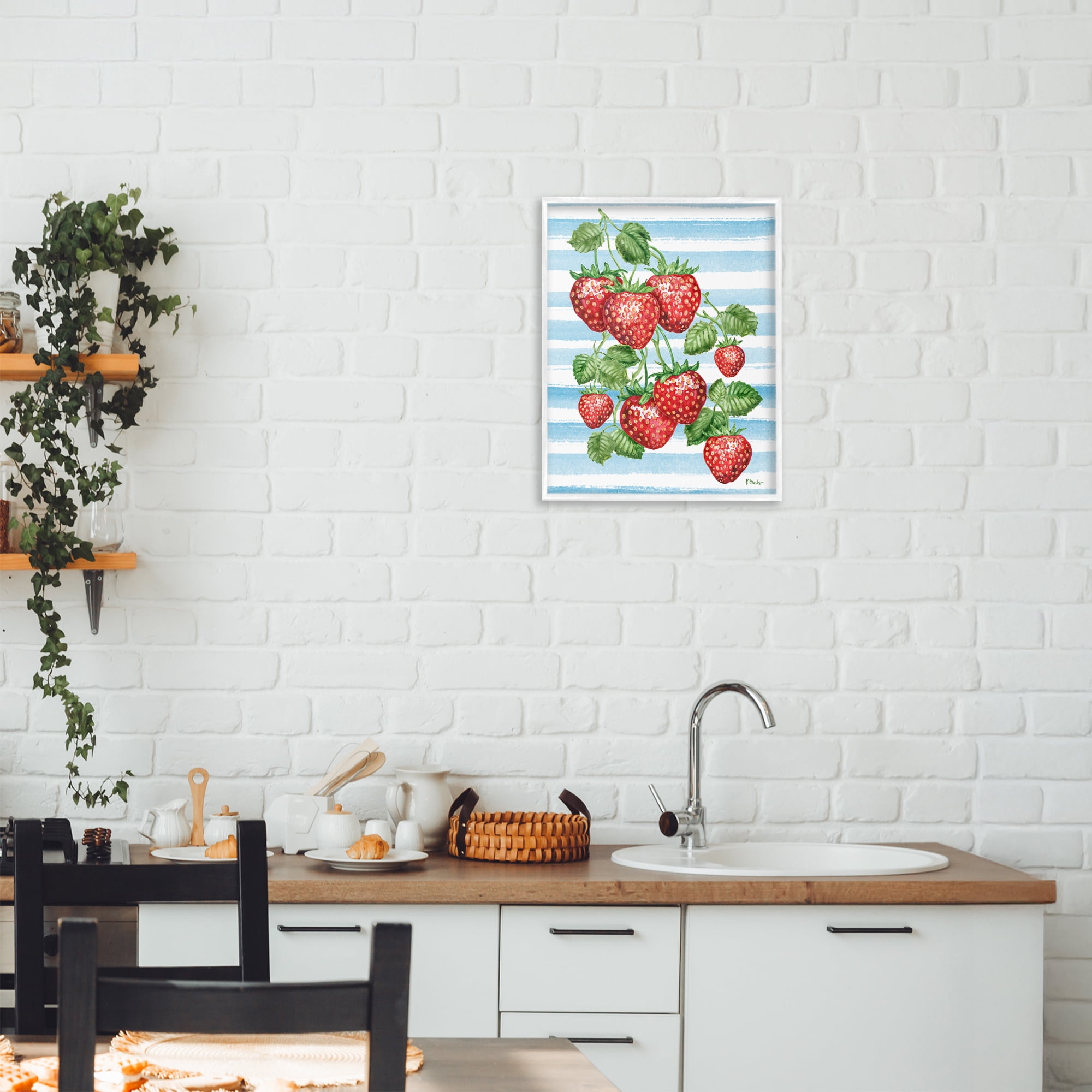 Stupell Industries Juicy Strawberry Vine on Stripes White Framed Giclee Art, design by Paul Brent