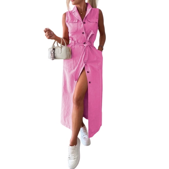 Women's Sleeveless Long Lace-Up Denim Dress, Summer Casual Lapel Solid Button Down Jean Maxi Dresses With Pockets 2025 New