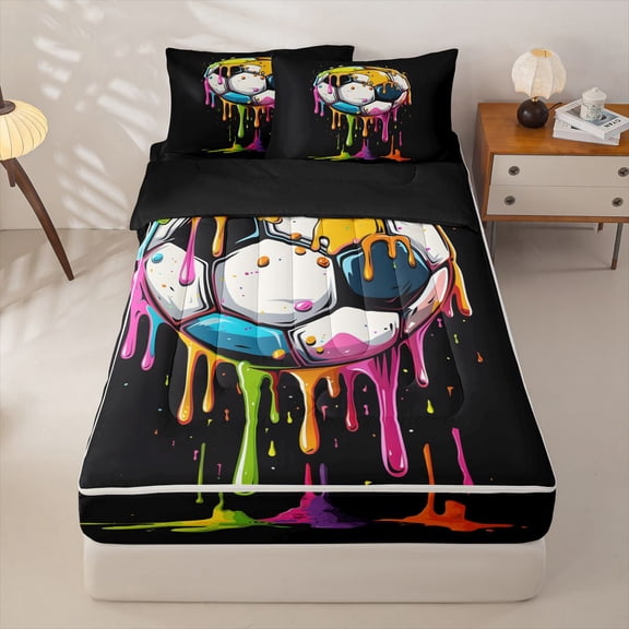 Homewish Watercolor Ice Cream Football Kids Zipper Twin Comforter Sets with Fitted Sheet and 2 Pillowcases,Soccer Sport Games Ball Lover Zipper Bedding Set,Black Reversible,4-Piece