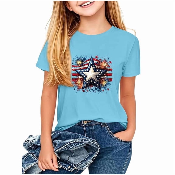 FAVIPT Cute Fourth of July Tops Teens Kids 250th Anniversary Shirt Stars and Stripes Shirts Red White Blue Independence Day Top Blue,5-6 Years