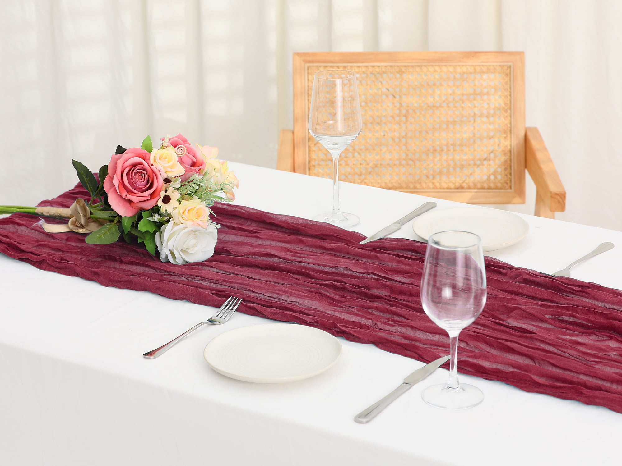 Unique Bargains Solid Color Table Runner Crinkle Fabric Table Banner (6 Count) Wine Red 35"x118"