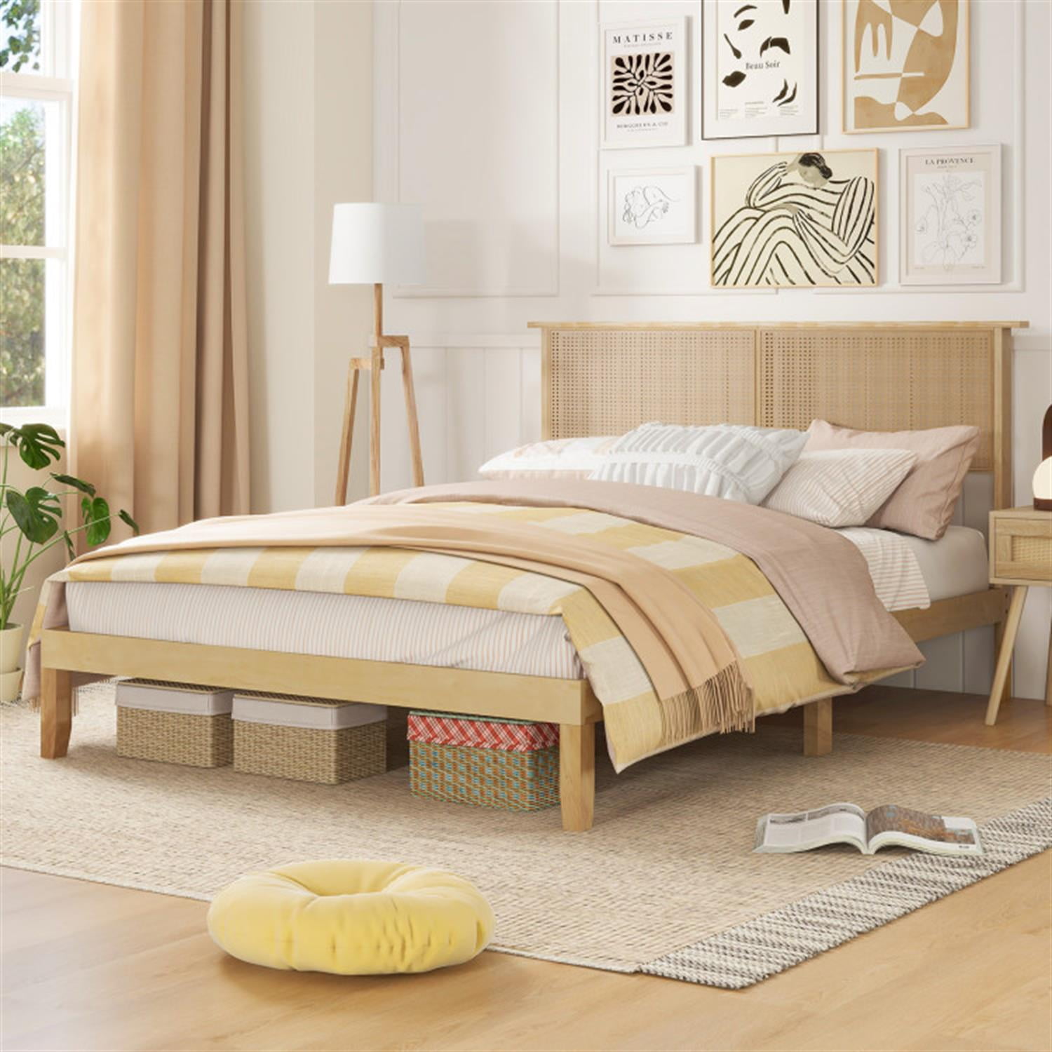 Demi Bonn Queen Size Bed Frame with Rattan Headboard, Platform Bed Frame with 12 Strong Wood Slat Support, No Box Spring Needed, Beige