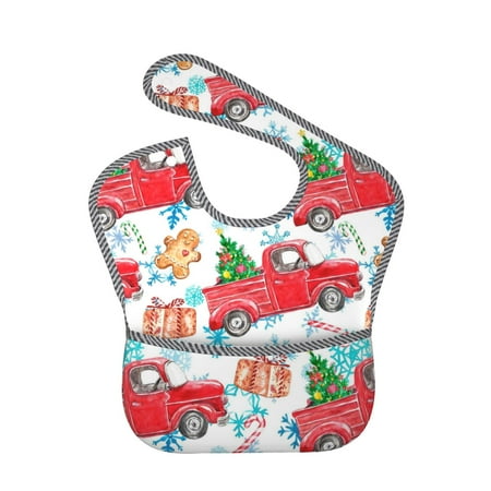 Bingfone Mess-Proof Baby Bib - Waterproof Bib For Baby Boy Or Girl With Food Catcher Pocket, Unisex-Watercolor Red Truck And Fir Tree