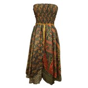 Mogul Womens Beach Dress Green Strapless Smocked Bodice Silk Sari Two Layer Flirty Maxi Skirt