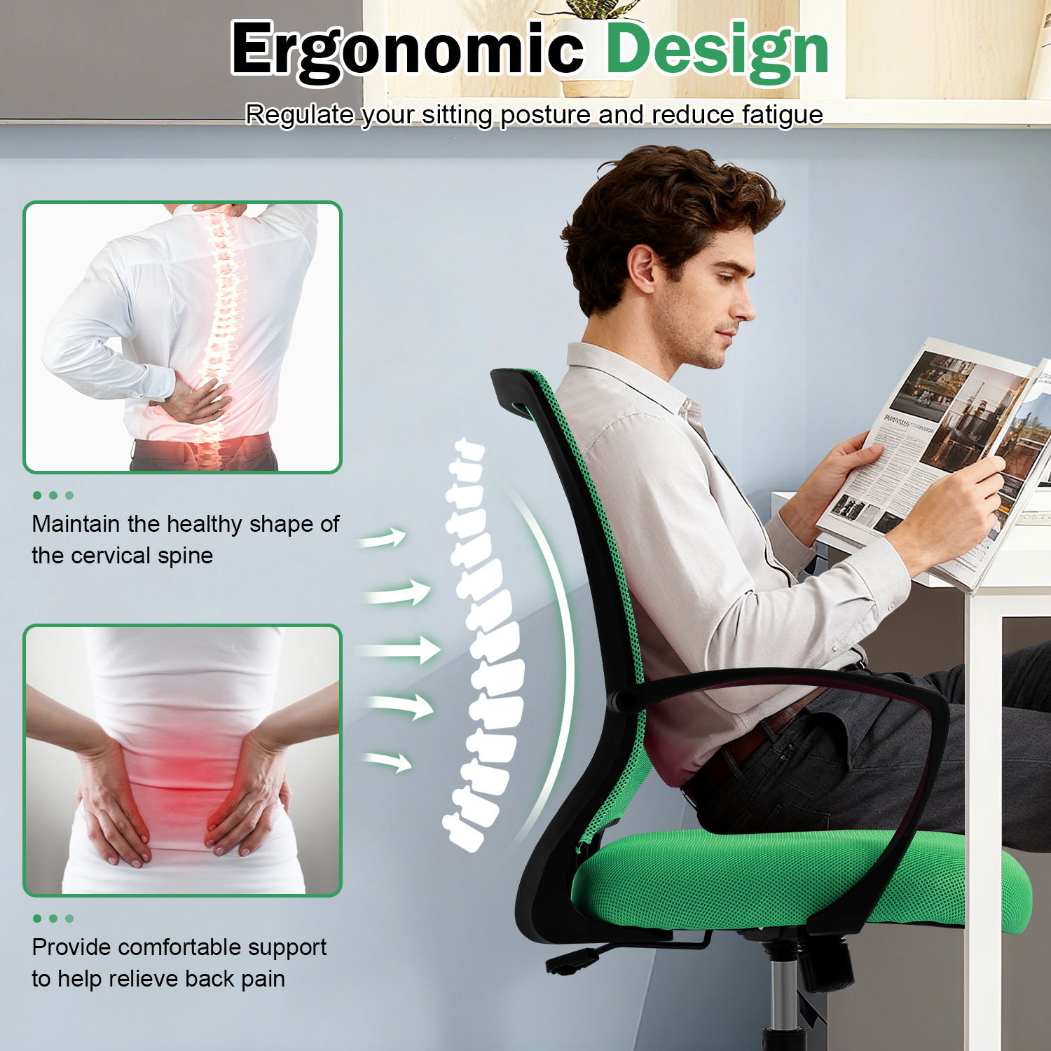 Mid-Back Office Chair, Ergonomic Computer Chair Adjustable Desk Chair with Armrest, Rolling Swivel Chair for Home&Office, Easy to Assemble, Green