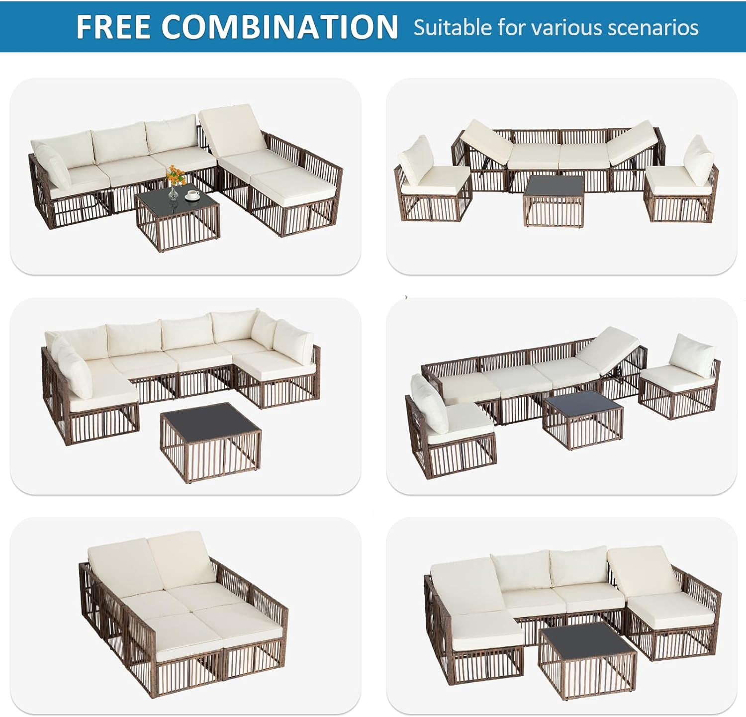 Ainfox 7 Pieces Outdoor Wicker Patio Furniture Set, Adjustable Backrest Sectional Conversation Couch with Thick Cushions & Coffee Table for Garden Porch Poolside, Brown/Beige
