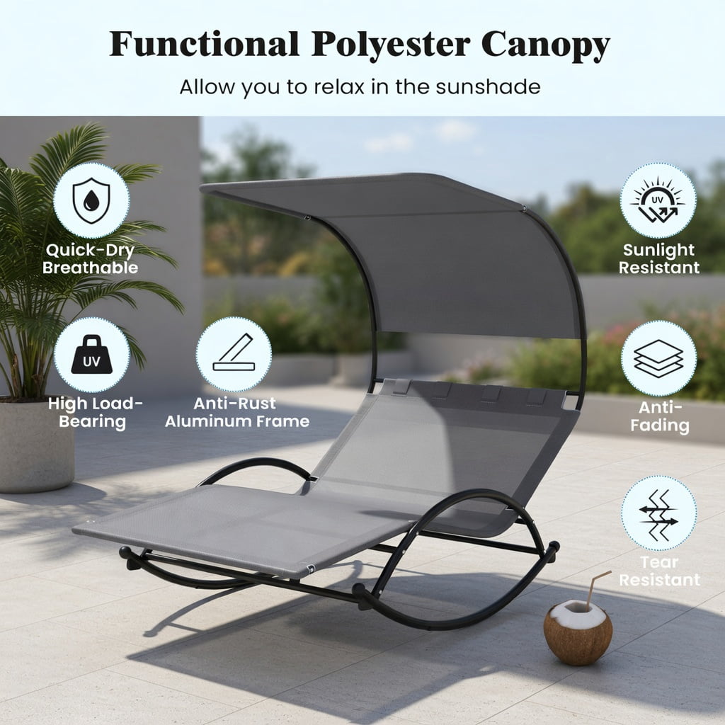 Hommoo 2-Person Outdoor Rocking Sunbed with Adjustable Canopy & Detachable Headrests, Metal Patio Lounger for Backyard, Poolside, Deck, Gray