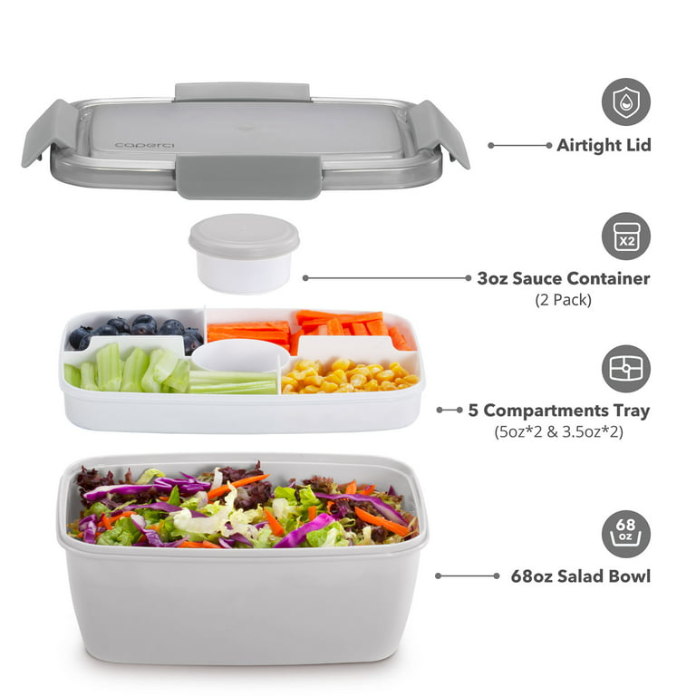 Caperci Large Salad Container for Lunch - Better Adult Bento Lunch Box  68-oz, 5-Compartment Tray, 2pcs 3-oz Sauce Container, BPA-Free (Gray) 