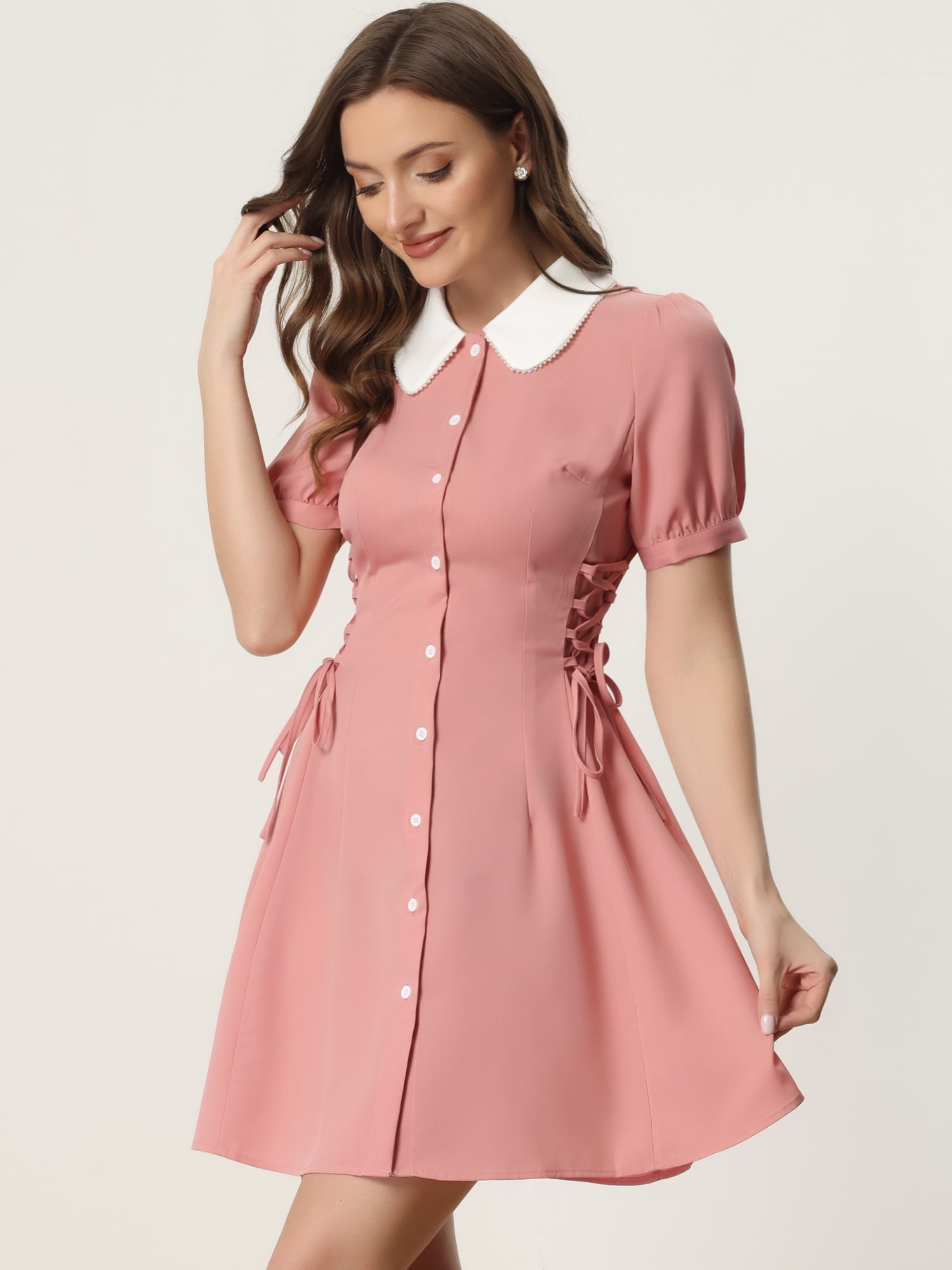 DARING DIVA Women's Contrast Button Down Lace up Dress M Pink