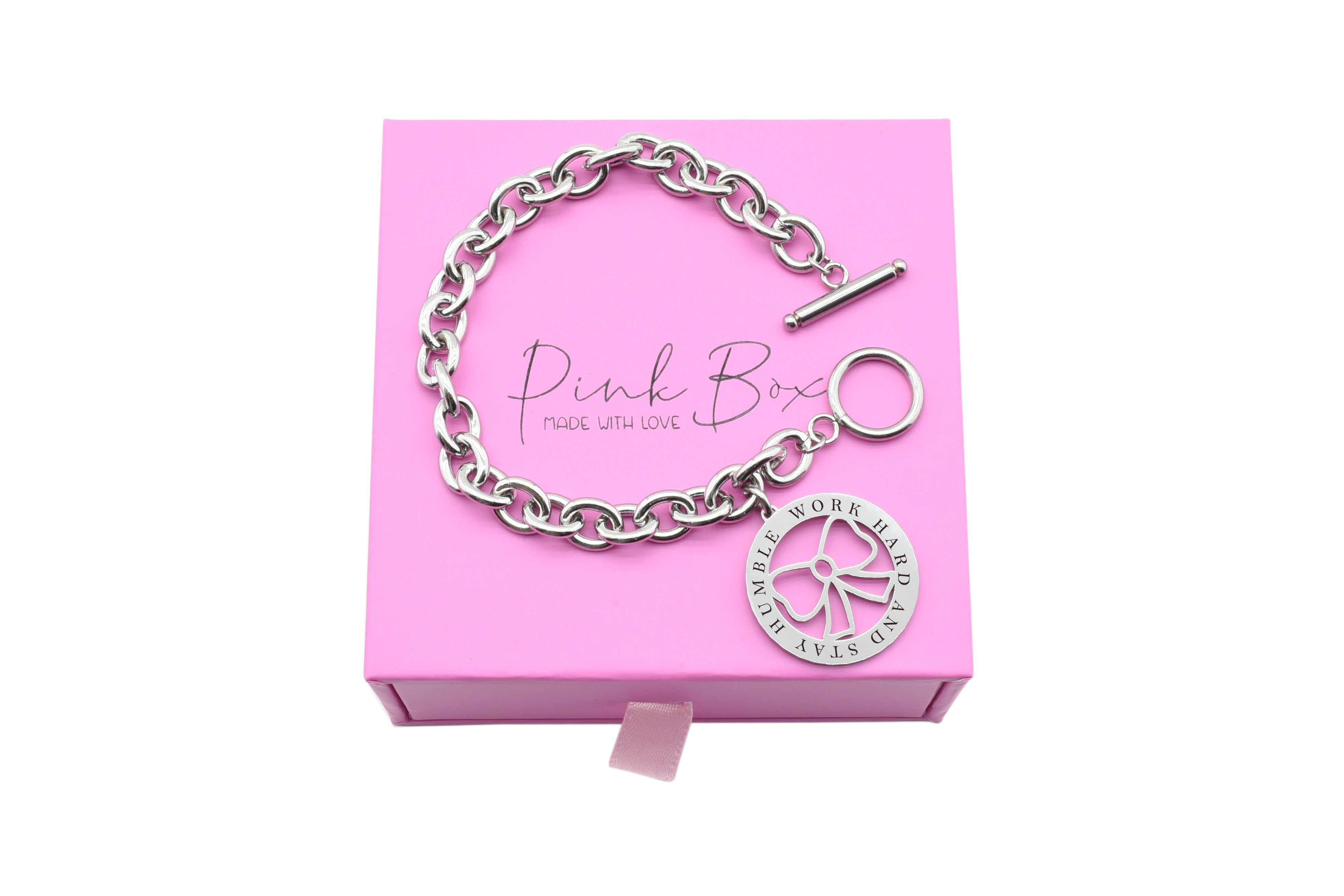 Pink Box Solid Stainless Steel Inspirational Toggle Bracelet Looking Up Silver 