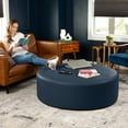 thumbnail image 6 of Jaxx Candler Round Coffee Table Ottoman, Oversized, 44-Inch, Premium Faux Leather, Oxford Blue, 6 of 7