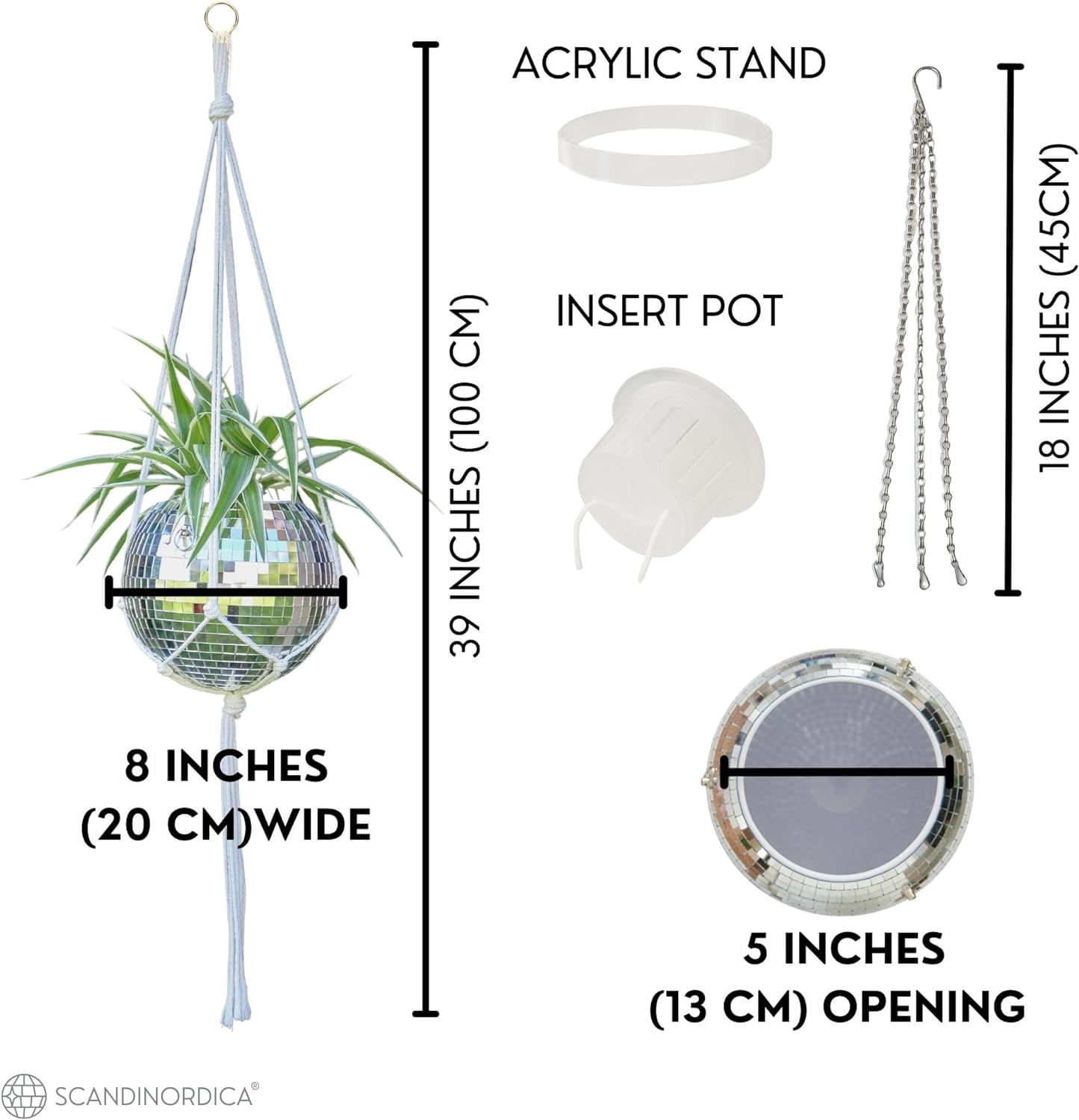 Disco Ball Planter – Silver 8" Disco Planter with Chain and Macrame Hanger and Stand