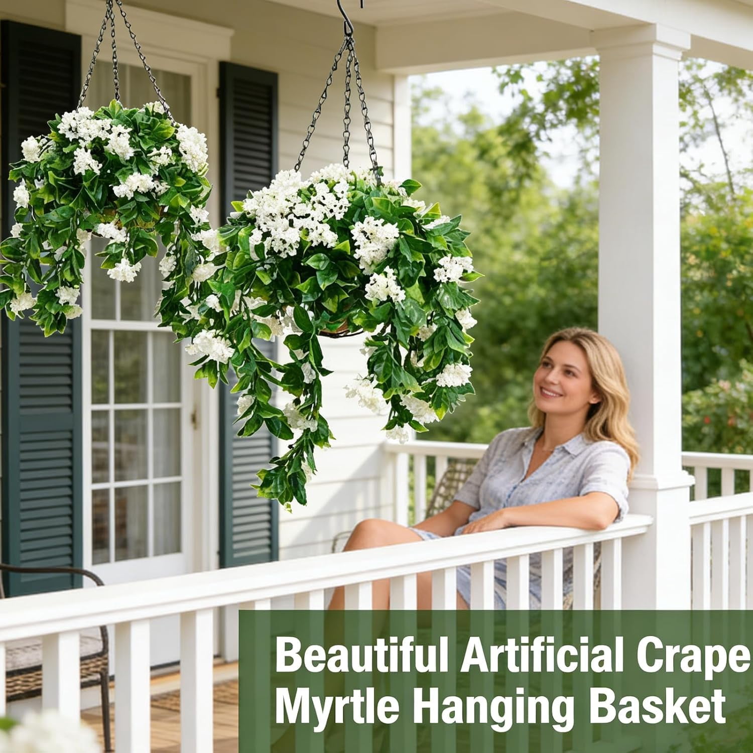 15" Faux Crepe Myrtle Hanging Baskets - Set of 2,Realistic Artificial Flowers for Outdoors, No Maintenance & UV Resistant,Faux Greenery for Home Porch Yard,Garden, Patio,Window Box Decor(Purple,1Pcs)