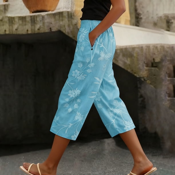 TaTaai Women Cotton Linen Casual Straight Leg Capri Pants Printed Design Elastic Waist Side Pockets Lightweight Breathable Machine Washable No Fading Daily Outdoor Street Wear Gift