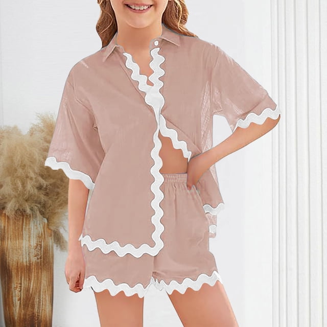 Girls And Boys Casual Short Sleeve Shirt Shorts Ribbon Decorative Cotton Linen Set Clothing Two Piece Set