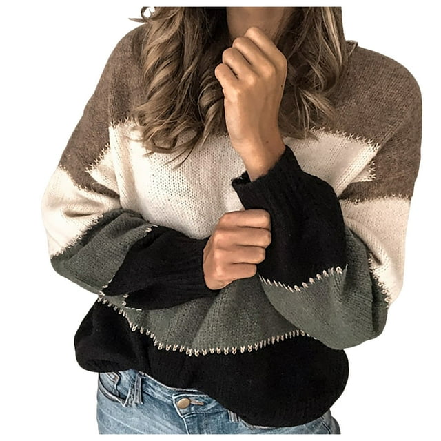 GDREDA Chandails pour Femmes Décontractés à Manches Longues Col Rond à Blocs de Couleur Patchwork Chandail Tricoté Hauts Noir,G